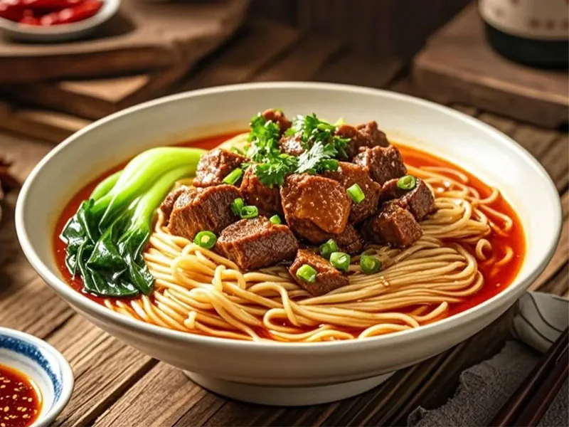 Savory beef chunks with noodles at Slurp A Bowl, a Chinese Restaurant in San Jose